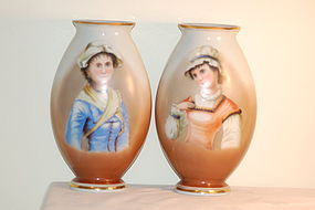 Josef Ahne pair tall painted glass portrait vases C:1890