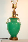 Steuben jade glass lamp with M-handles C:1925