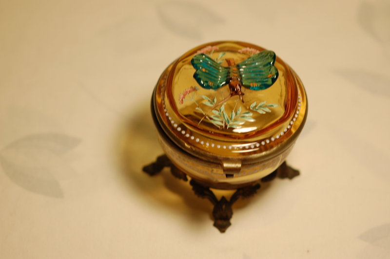 Moser Harrach Bohemian glass box with applied butterfly rare C:1885