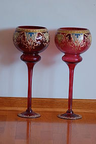 Pair Bohemian glass monumental cameo etched vases