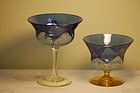 2 Durand Quezal glass pulled feather wine glasses / stems C:1929