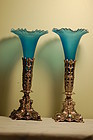 Pair Antique German Controlled-bubble Glass vases on silverplate stand