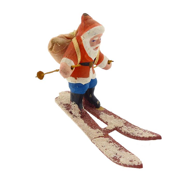 Antique Bisque Santa on Skis Christmas Decoration