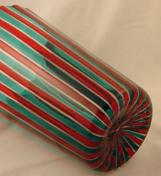 Signed Venini Murano Canne Vase in Red/Green