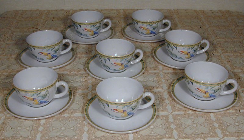 Hermes &quot;Toucans&quot; Moustiers Breakfast Cups with Saucers