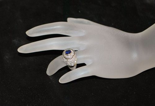 Platinum Art Deco Sapphire and Pave Diamond Ring