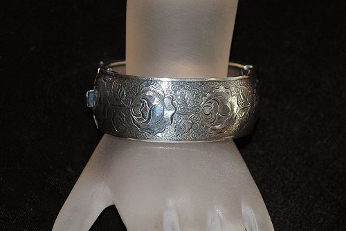 Fancy Engraved Sterling Silver Bangle Bracelet - 1910's