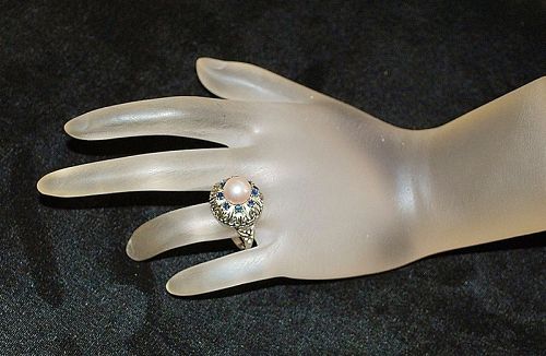 14K w/g Cultured Pearl and Sapphire Ring