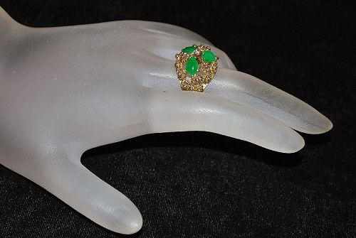 14K Apple Green Jade and Diamond Ring