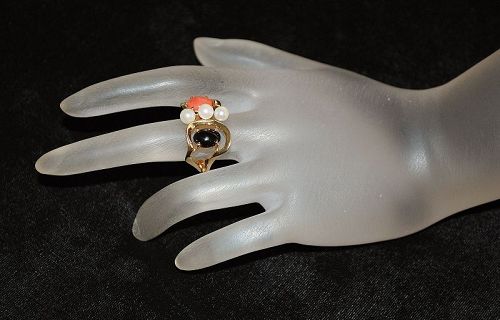 14K Black and Red Coral and Pearl Ring