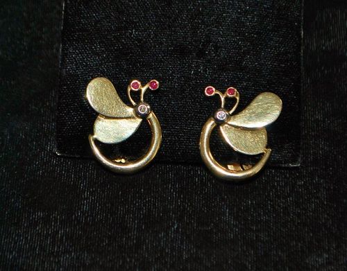 Pair of 14K Modernist Butterfly Gold Earrings - 1960's