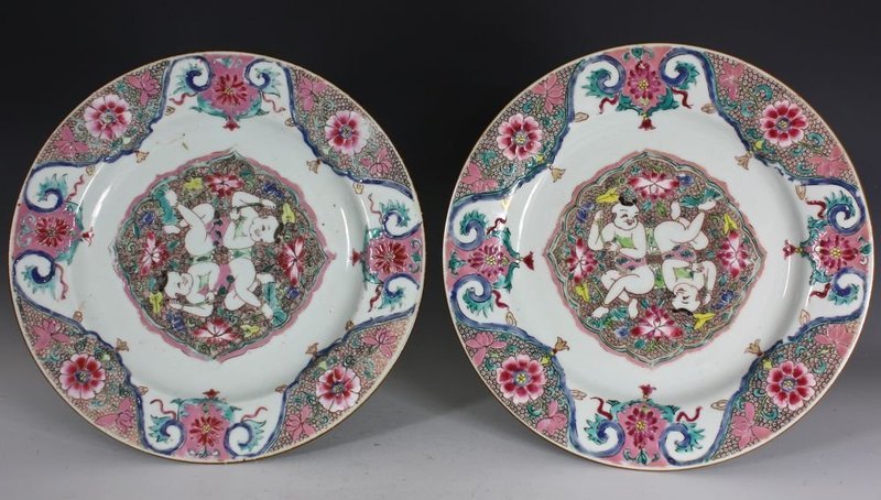 PAIR FAMILLE ROSE TWIN BOYS PLATES C1735/45