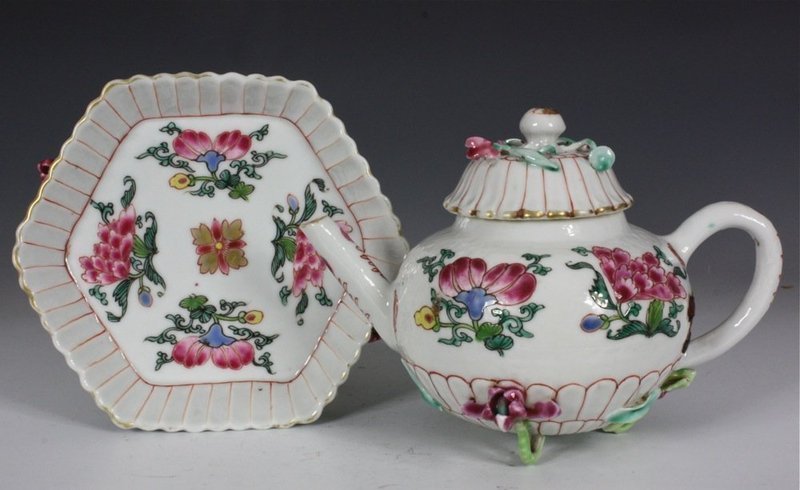 FINE FAMILLE ROSE TEAPOT COVER AND A STAND YONGZHENG