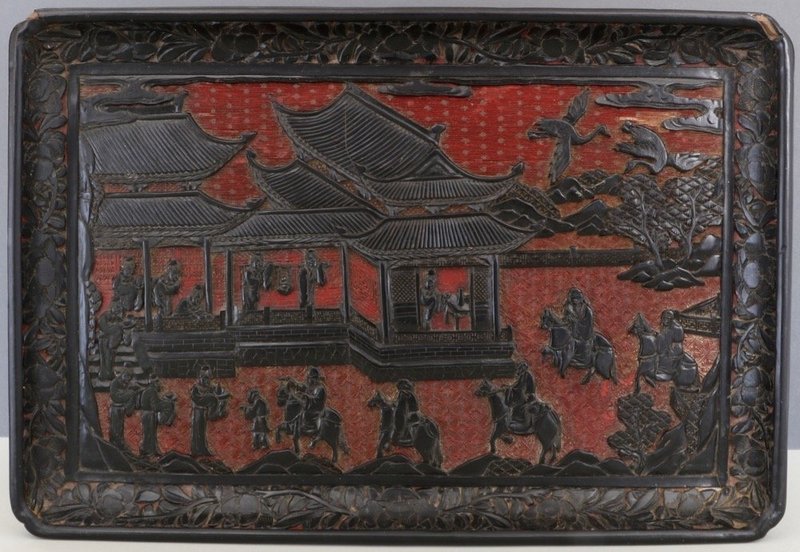 CHINESE MING STYLE CARVED TWO COLOUR CINNABAR LACQUER TRAY 19THC