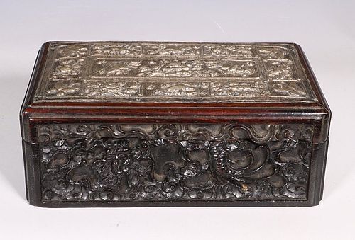 A Straits Chinese Silver Pillow End Mounted Wood Box L19thC