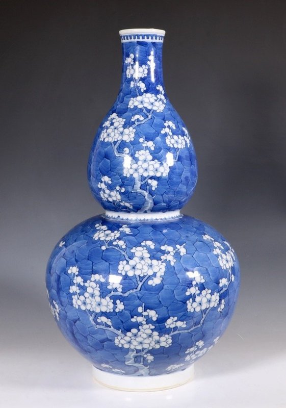 Fine and Large Blue and White Prunus Double Gourd Vase L19thC