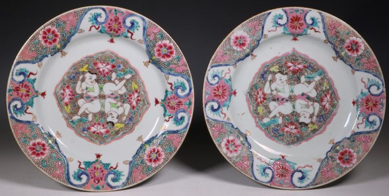 Rare Pair Of Chinese Famille Rose Plates Qianlong C1735/45