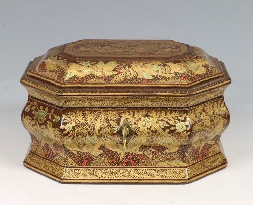 A Chinese Canton Lacquer Export Tea Caddy Mid 19thC