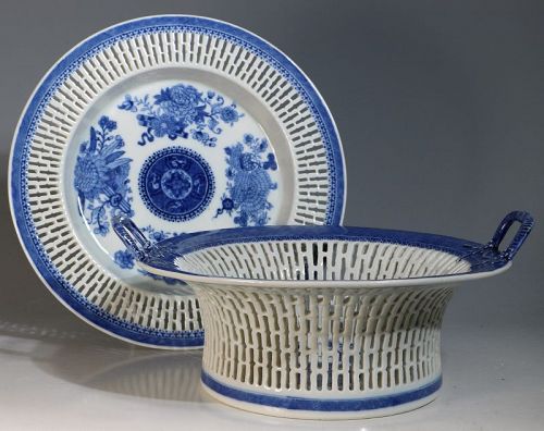 A Fine Blue Fitzhugh Pattern Chestnut Basket and Stand C1800