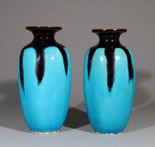 An Attractive Pair of Awaji Kyoto Vases Japan Meiji
