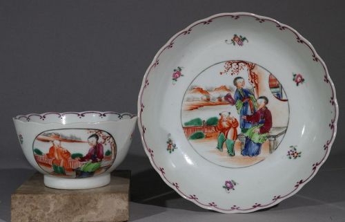 Chinese Famille Rose Mandarin Palette Tea Bowl and Saucer C1775