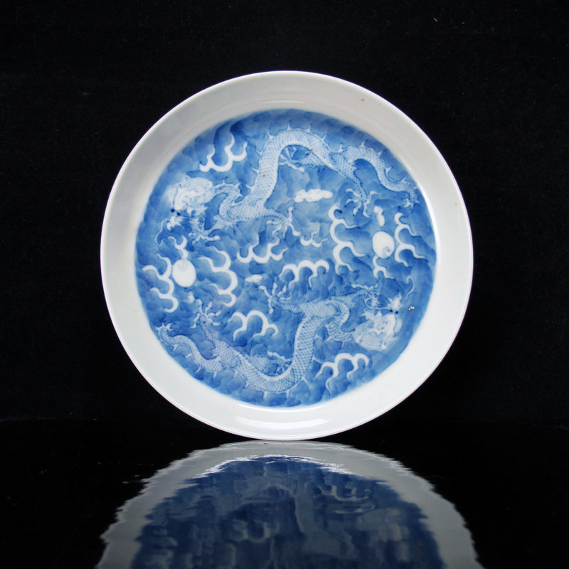 19TH C DAOGUANG BLUE AND WHITE DRAGON DISH, MARKED