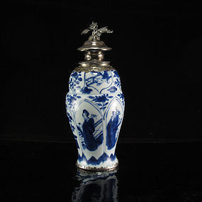 KANGXI BLUE AND WHITE SILVER MOUNTED VASE / CADDY