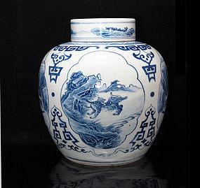 19TH C BLUE AND WHITE QILIN & LANDSCAPE COVERED JAR