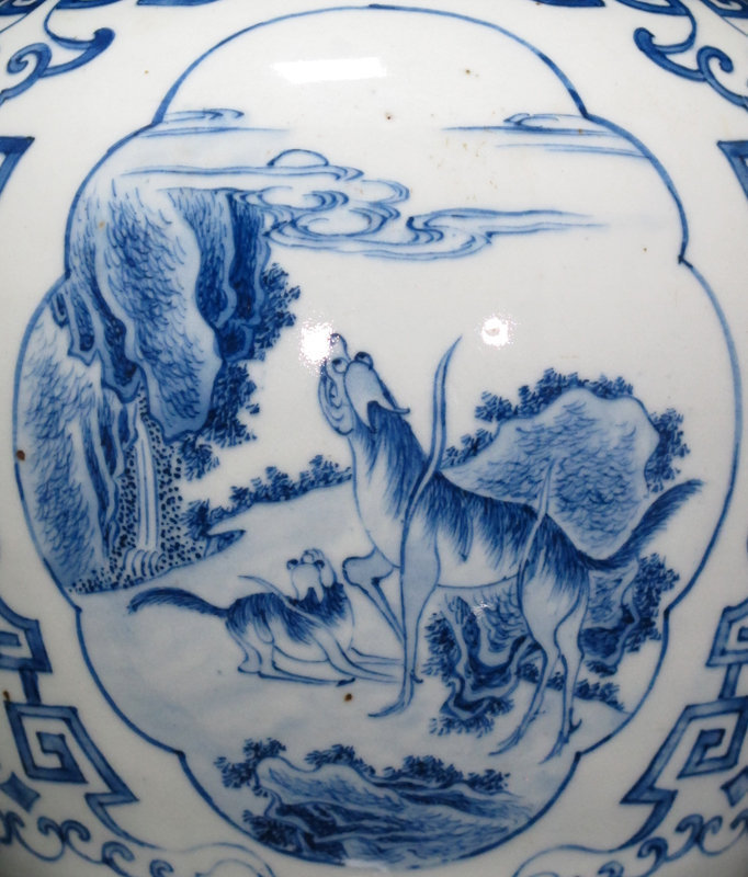 19TH C BLUE AND WHITE QILIN &amp; LANDSCAPE COVERED JAR