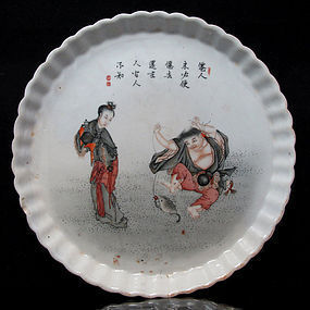 19TH C CHRYSANTHEMUM DISH EN GRISAILLE MO CAI, LIU HAI