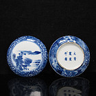 19TH C KANGXI MARK BLUE & WHITE LANDSCAPE INK PASTE BOX