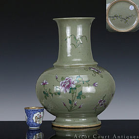 19TH CELADON GROUND FAMILLE ROSE FLORAL GLOBULAR VASE