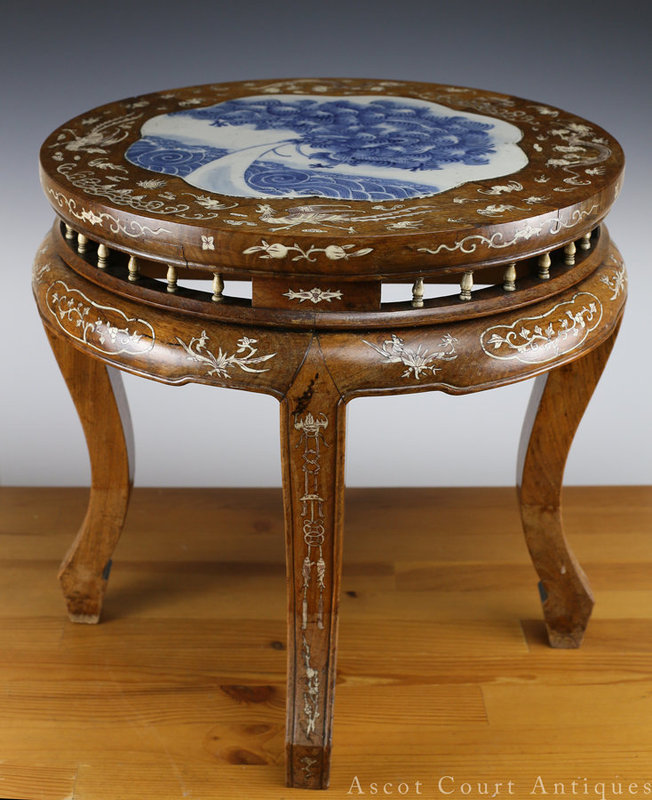 19TH C INLAID HARDWOOD STOOL, B&amp;W PORCELAIN PLAQUE