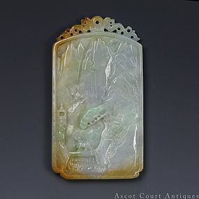 A CHINESE CARVED NATURAL JADEITE JADE PLAQUE