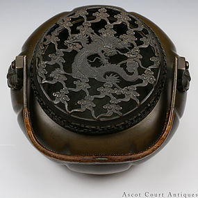 19th C Bronze Handwarmer w Reticulated Dragon Cover
