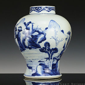18th C Kangxi Blue and White Landscape Porcelain Jar