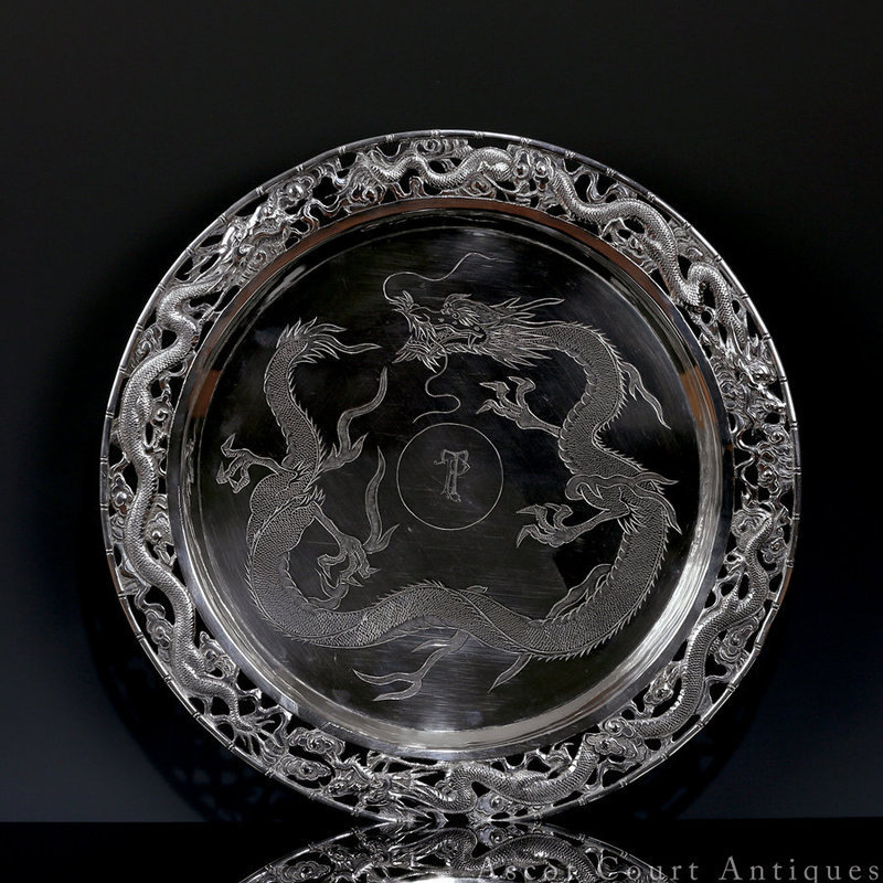 19TH C LATE QING EXPORT SILVER DRAGON FOOTED PLATE 332 g