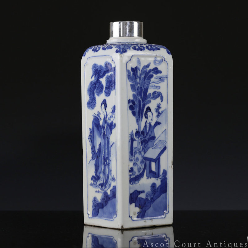 18TH C KANGXI BLUE AND WHITE FIGURAL SQUARE BOTTLE VASE