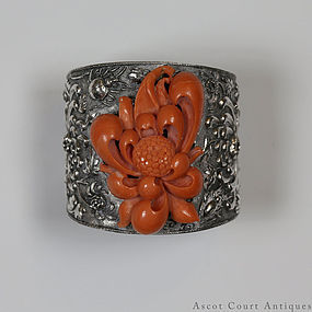 19TH C LATE QING SILVER & SALMON CORAL BRACELET, LARGE 78.5 G