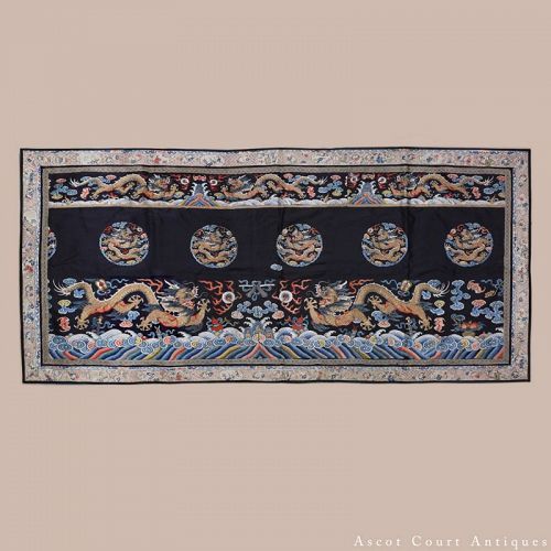 19TH C QING GOLD EMBROIDERED SILK DRAGON PANEL, CHAOFU SKIRT