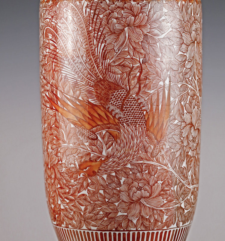 19th c Late Qing Guangxu Iron Red Dragon Phoenix Marriage Vase