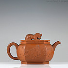 18th c Kangxi Yixing Zisha Teapot, Foo Lions Applique