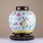 19th c Late Qing Famille Rose Ginger Jar, Hard Wood Stand & Cover
