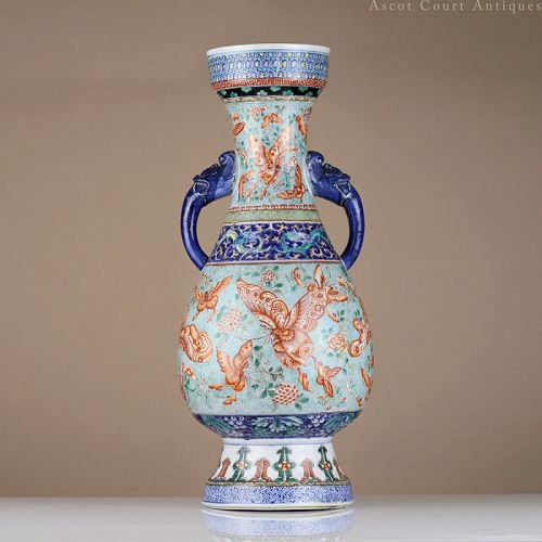 19th c Qing Dynasty Famille Verte Doucai Porcelain Temple Vase