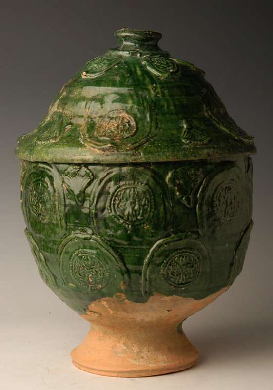 Yuan Dynasty, Chinese Green Glazed Pottery Jar