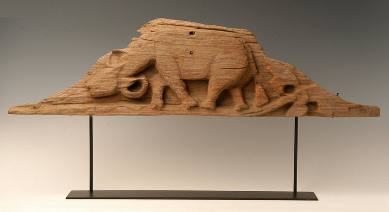 19th Century, Mandalay, Burmese Wood Carving Panel with Animal Buffalo