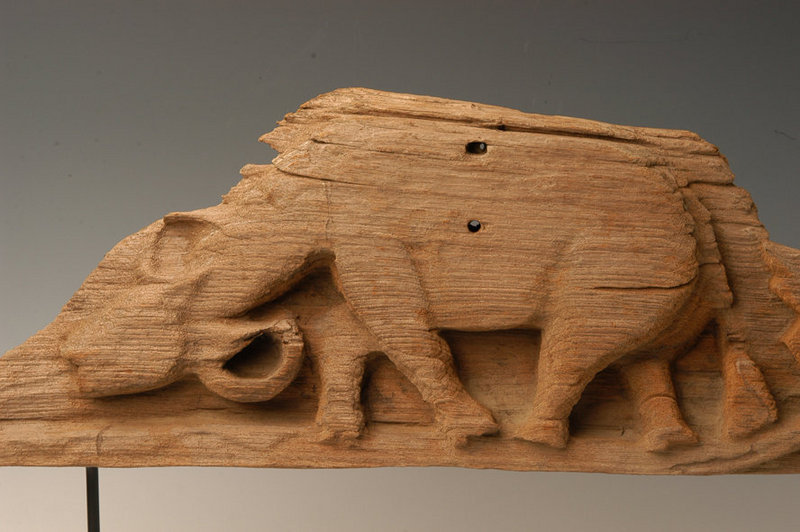 19th Century, Mandalay, Burmese Wood Carving Panel with Animal Buffalo