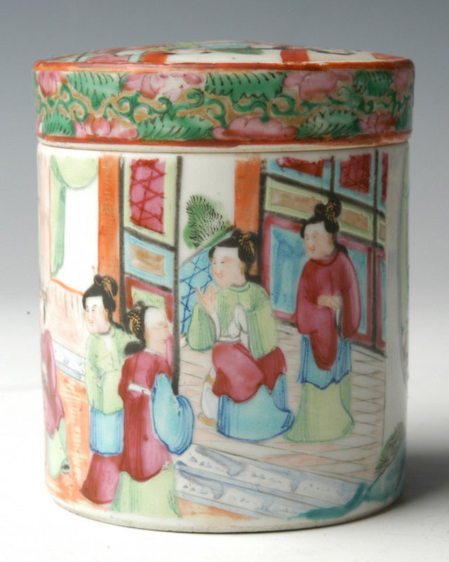 A Chinese Export Rose Mandarin Covered Dressing Jar