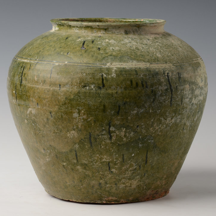 Han Dynasty, Chinese Green Glazed Pottery Jar in Globular Form