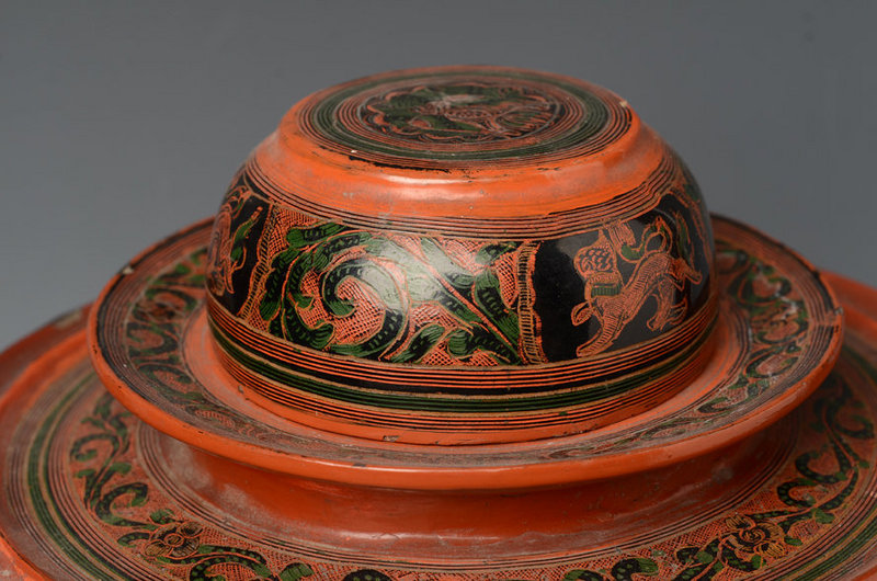 20th Century, Burmese Lacquered Food Container with Design